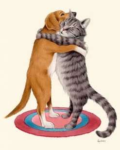 Ryan Berkley Illustration Adoration Dog & Cat Hugging Art Print (8" X 10")