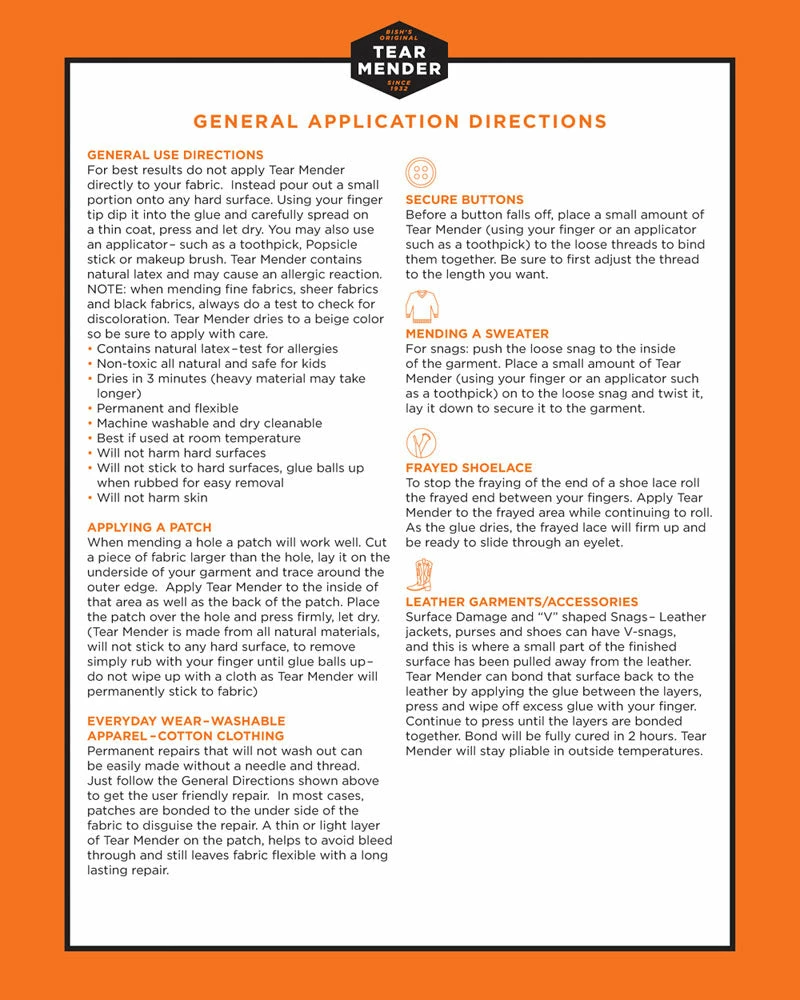 Bish's Original Tear Mender Fabric Patch Glue 2 Bish's Original Tear Mender Fabric Patch Glue