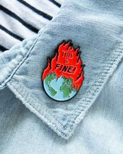 Ectogasm Enamel Pins + Buttons This Is Fine! Earth On Fire Pin