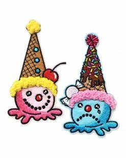 Sara M. Lyons Happy & Sad Clown Ice Cream Cone Patch Set W/ Chenille Detail Pins + Patches