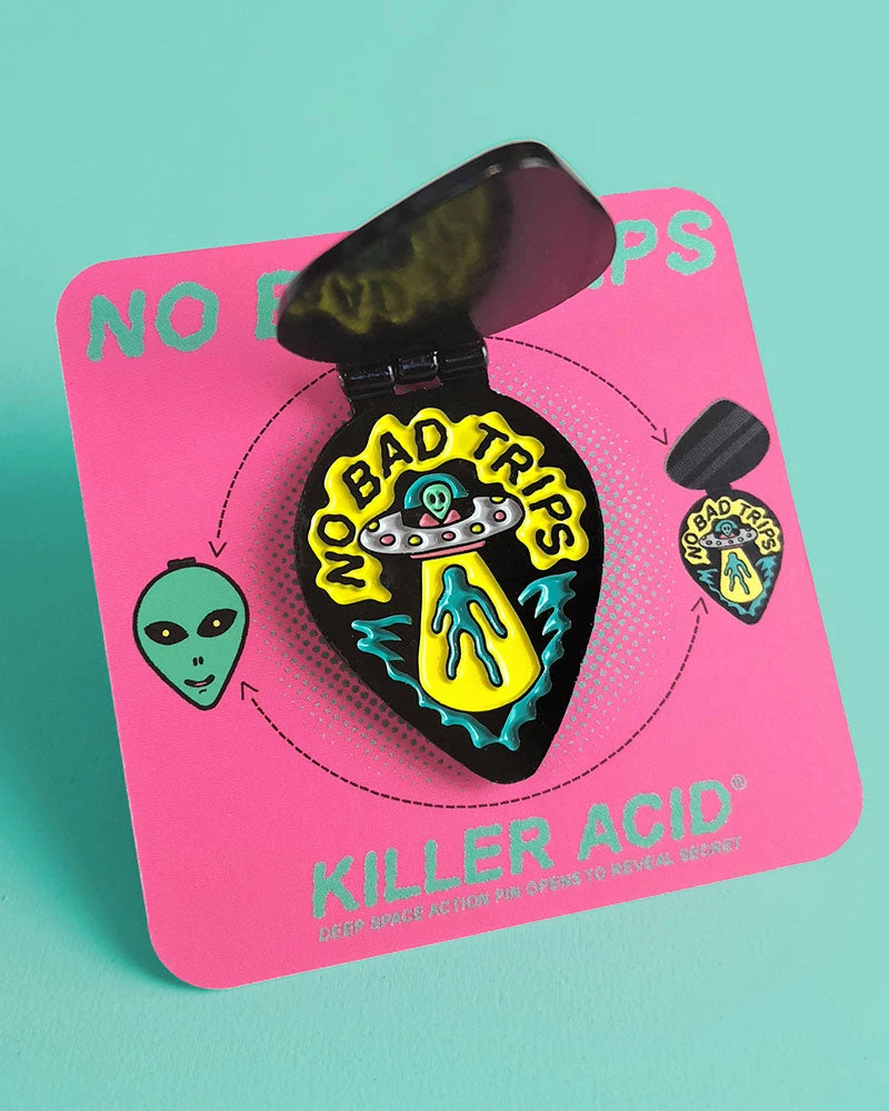 Killer Acid Enamel Pins + Buttons No Bad Trips Alien UFO Folding Moving Pin 5 Killer Acid Enamel Pins + Buttons No Bad Trips Alien UFO Folding Moving Pin