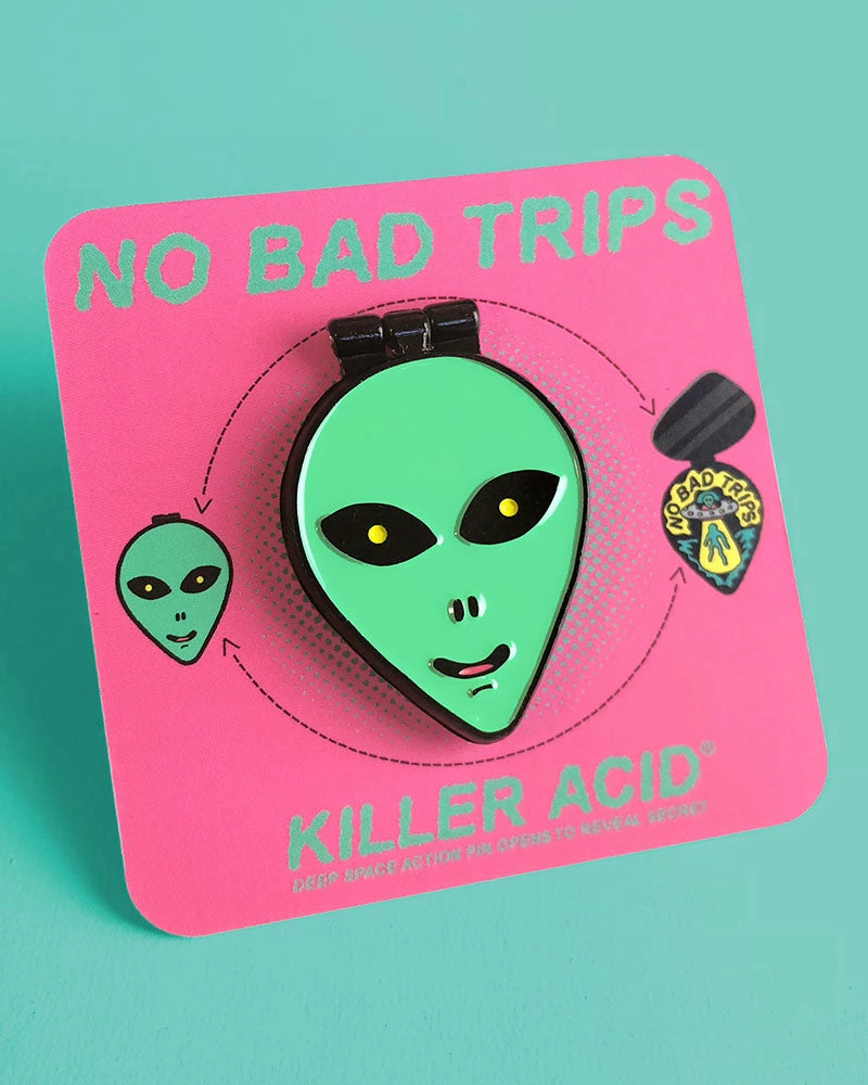 Killer Acid Enamel Pins + Buttons No Bad Trips Alien UFO Folding Moving Pin 4 Killer Acid Enamel Pins + Buttons No Bad Trips Alien UFO Folding Moving Pin